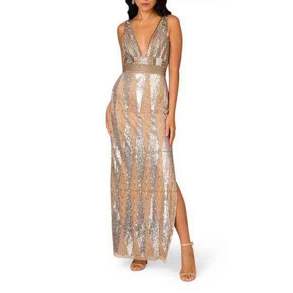 Aidan Mattox Fully Beaded V-Neck Long Dress Silver Multi Size 16 New With  Tags